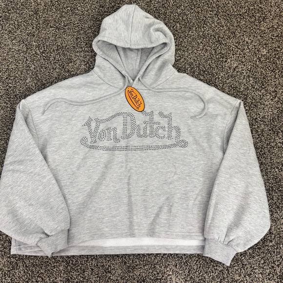 Von Dutch Tops - Von Dutch Rhinestone Logo Cropped Hoodie Gray Y2K Women M NWT